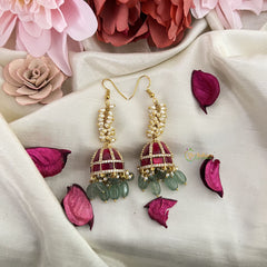 Vriksham Elegant Jadau Kundan Hook Jhumka-Red-Pastel Green Beads-Rice Pearls-J3242