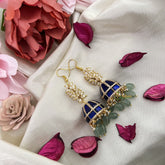 Vriksham Elegant Jadau Kundan Hook Jhumka-Blue-Pastel Green Beads-Rice Pearls-J3243