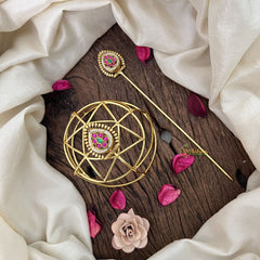 Vriksham Designer Diya Style With Floral Hair Bun Cage Accessory-Green Red-H1133