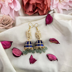 Vriksham Elegant Jadau Kundan Hook Jhumka-Blue-Pastel Green Beads-Rice Pearls-J3243