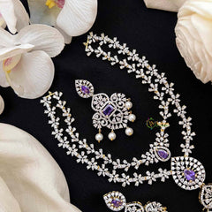 Vriksham Double Layered American Diamond With Pearl-Embellished Pendant Short Neckpiece-Purple-G21571