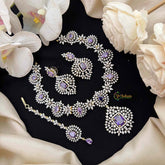 Vriksham Lavish Purple Stone & American Diamond 3-Piece Set With Rectangular Statement Pendant Short Neckpiece-G21574
