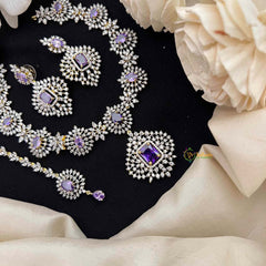 Vriksham Lavish Purple Stone & American Diamond 3-Piece Set With Rectangular Statement Pendant Short Neckpiece-G21574