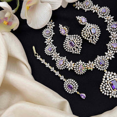 Vriksham Lavish Purple Stone & American Diamond 3-Piece Set With Rectangular Statement Pendant Short Neckpiece-G21574