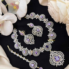 Vriksham Lavish Purple Stone & American Diamond 3-Piece Set With Rectangular Statement Pendant Short Neckpiece-G21574