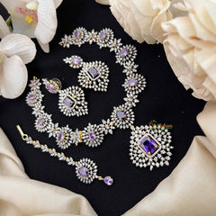 Vriksham Lavish Purple Stone & American Diamond 3-Piece Set With Rectangular Statement Pendant Short Neckpiece-G21574