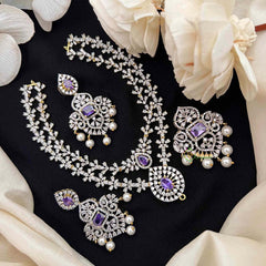 Vriksham Double Layered American Diamond With Pearl-Embellished Pendant Short Neckpiece-Purple-G21571