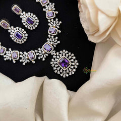 Vriksham Simple Purple-Cut Crystal With Halo Pendant & Rectangular Drop Pendant Short Neckpiece-G21573