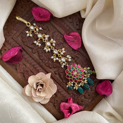 Vriksham Antique Floral Jadau Kundan Maang Tikka-White Tear Drop-Green Bead-J2885