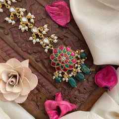 Vriksham Antique Floral Jadau Kundan Maang Tikka-White Tear Drop-Green Bead-J2885