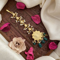 Vriksham Antique Floral Jadau Kundan Maang Tikka-White Tear Drop-Green Bead-J2885