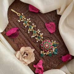 Vriksham Antique Floral Jadau Kundan Maang Tikka-Green Tear Drop-Green Bead-J2874