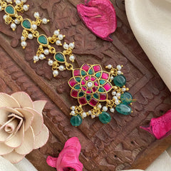 Vriksham Antique Floral Jadau Kundan Maang Tikka-Green Tear Drop-Green Bead-J2874