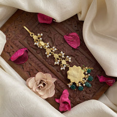 Vriksham Antique Floral Jadau Kundan Maang Tikka-Green Tear Drop-Green Bead-J2874