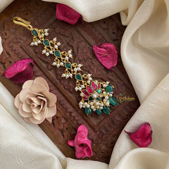 Vriksham Premium Jadau Kundan Maang Tikka-Lotus-Green Tear Drop-J2882