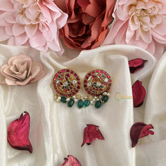 Vriksham Elegant Peacock Stud Earring-Red White & Green-Pearls- Aqua Green Beads-J3201