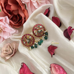 Vriksham Elegant Peacock Stud Earring-Red White & Green-Pearls- Aqua Green Beads-J3201