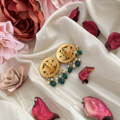 Vriksham Elegant Peacock Stud Earring-Red White & Green-Pearls- Aqua Green Beads-J3201