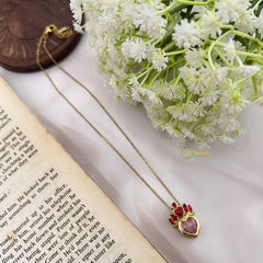 Vriksham Queen Heart Pendant Gold Alike Anti Tarnish Necklace Chain-Pink Red-G20958
