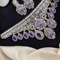 Vriksham Radiant American Diamond V-Shape Choker With Purple Teardrop Fringe Choker Neckpiec-G21552