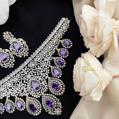 Vriksham Radiant American Diamond V-Shape Choker With Purple Teardrop Fringe Choker Neckpiec-G21552