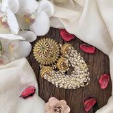 Vriksham Traditional Floral Design With Side Pearl Jhumar Jada Billai-Green Red-G19269