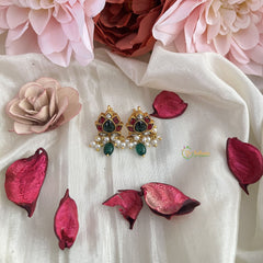 Vriksham Floral Jadau Kundan Stud Earring-Red Green & White-Aqua Green Bead-J3204