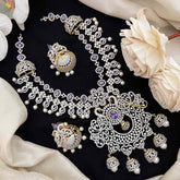 Vriksham Royal Mayura Intricate American Diamond With Pearl-Embellished Pendant Short Neckpiece-Purple-G21568