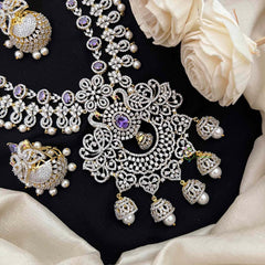 Vriksham Royal Mayura Intricate American Diamond With Pearl-Embellished Pendant Short Neckpiece-Purple-G21568
