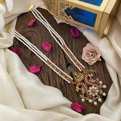 Vriksham Dual Peacock With Lakshmi Kundan Jadau White Beaded Mala-J2913