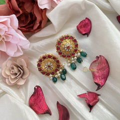 Vriksham Gold Look Alike Jadau Kundan Floral Earring-Red-Pearls-Green Bead-J3196