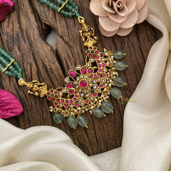 Vriksham Elegant Floral with Two Side Peacock Kundan Jadau Beaded Mala-Red-J2914