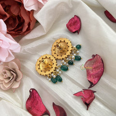 Vriksham Gold Look Alike Jadau Kundan Floral Earring-Red-Pearls-Green Bead-J3196