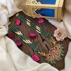 Vriksham Elegant Floral with Two Side Peacock Kundan Jadau Beaded Mala-Red-J2914