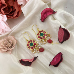 Vriksham Circle Shape Hook Earring-Pearls-Red Green-Red Bead-J3190