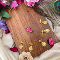 Vriksham Traditional Laxmi Coin With Green Stone Stud 5 Flexible Pendant Invisible Chain-KG22313