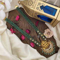 Vriksham Lakshmi Pendant Kundan Jadau Pastel Green Beaded Mala-White-J2916