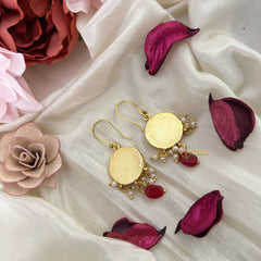 Vriksham Circle Shape Hook Earring-Pearls-Red Green-Red Bead-J3190