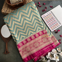 Vriksham Pista Green Georgette Silk Zig Zag Banarasi Saree-Handloom-VS4287