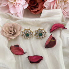 Vriksham Flower Jadau Kundan Stud Earring-White Green-J3198