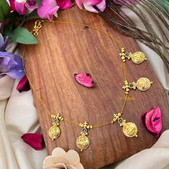 Vriksham Traditional Laxmi Coin With Green Stone Stud 5 Flexible Pendant Invisible Chain-KG22313