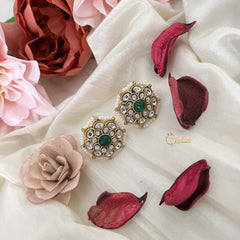 Vriksham Flower Jadau Kundan Stud Earring-White Green-J3198