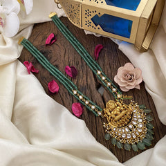 Vriksham Lakshmi Pendant Kundan Jadau Pastel Green Beaded Mala-White-J2916