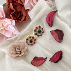 Vriksham Antique Flower Jadau Kundan Stud Earring-Red White & Green-J3199