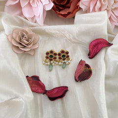 Vriksham Floral Stud Earring-Red Green-Pearls-Pastel Green Beads-J3183