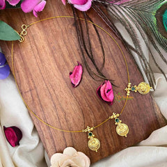 Vriksham Traditional Laxmi Coin With Green Stone Stud 3 Flexible Pendant Invisible Chain-KG22312