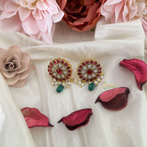 Vriksham Antique Floral Earring-Red White-Pearls-Green Bead-J3195
