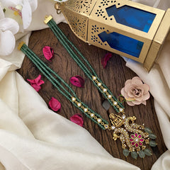 Vriksham Dual Peacock With Lakshmi Kundan Jadau Pastel Green Beaded Mala-J2912