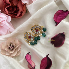 Vriksham Unique Peacock Earring-Red White-Pearls-Green Beads-J3185