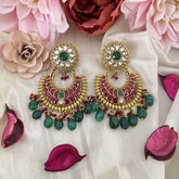 Vriksham Floral Chandbali Earring-Red Green & White-Pearls-Green Beads-J3179